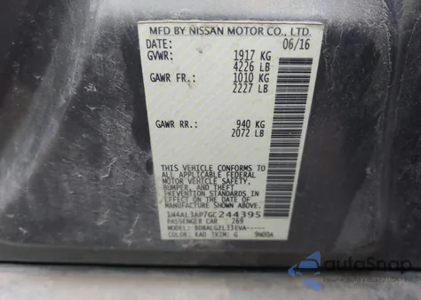 2016 Nissan Altima 2.5/2.5 S/2.5 Sl/2.5 Sr/2.5 Sv z USA, uszkodzony, nr VIN 1N4AL3AP7GC244395